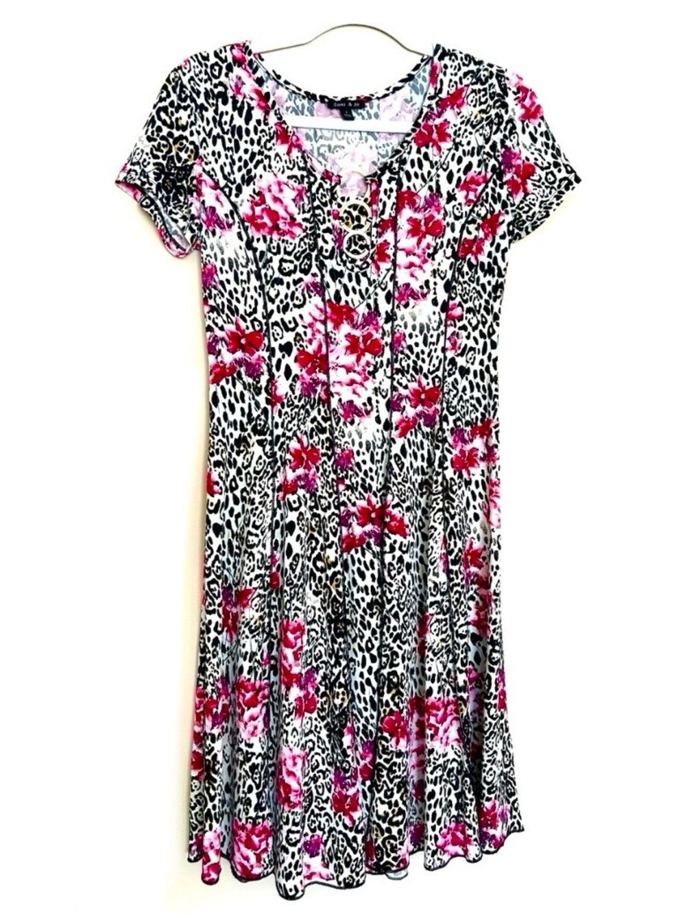 Sami & Jo Black, White and Pink Floral Leopard Midi Dress